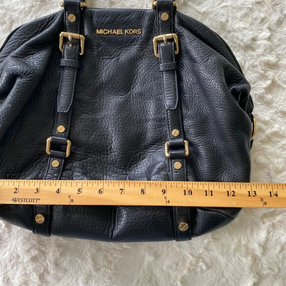 Michael Kors Satchel Handbag Black Pebbled Leather Gold Buckle Hardware Classic